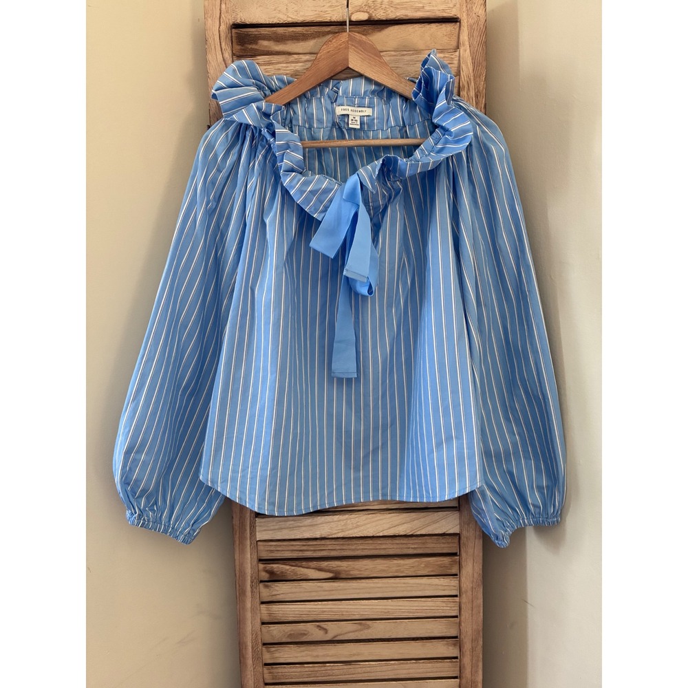 Free Assembly Blue White Striped Ruffle Neck Tie Front Blouse Medium NWT